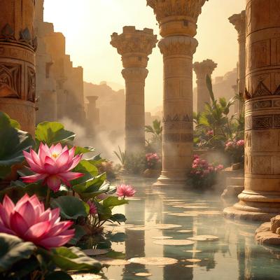 The primary subject of the image is a beautiful garden with a pond and a row of pillars. The setting is a serene and picturesque environment, with the pillars and the pond creating a sense of tranquility. The visual style of the image is a combination of photo and digital art, giving it a unique and artistic appearance. The colors and mood of the image are predominantly pink and purple, which adds to the overall beauty and charm of the scene.